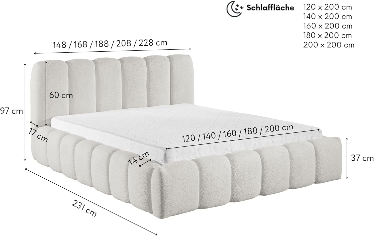 FURNISTAR MIA Lit capitonné avec coffre de lit, lit 140 x 200 cm, lit double avec espace de rangement et sommier à lattes, aspect lit à sommier tapissier, sans matelas, chambre à coucher - Blanc