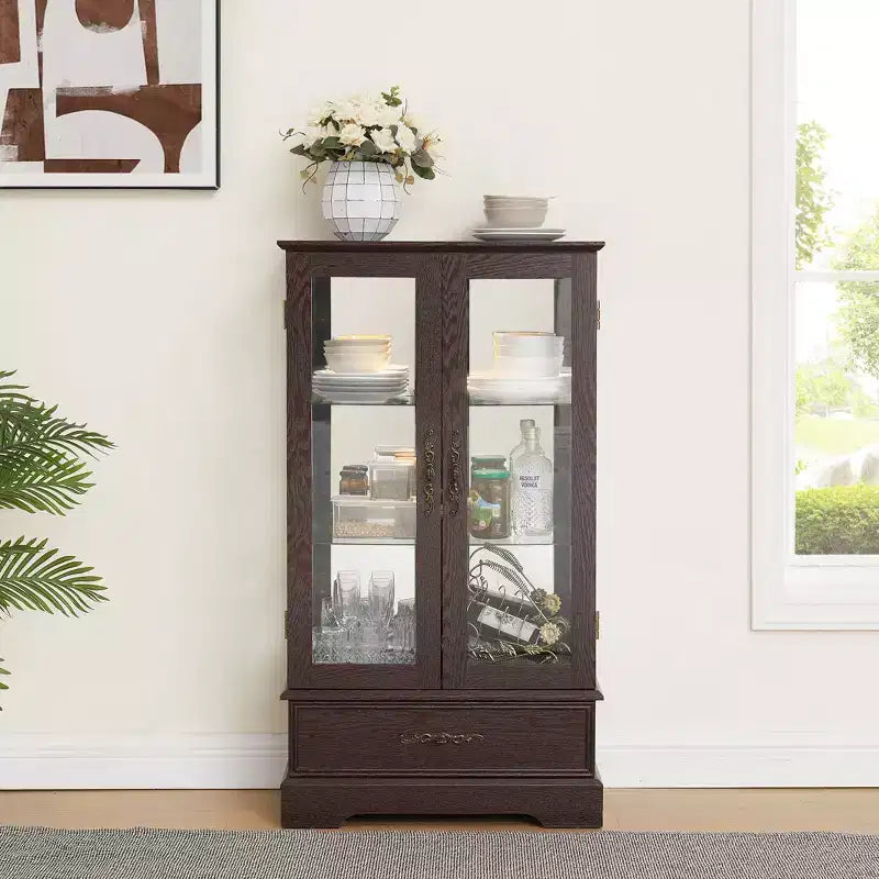 Vitrine en verre éclairée avec étagères réglables - Vitrine élégante à 2 portes et tiroir intégré, ampoule incluse