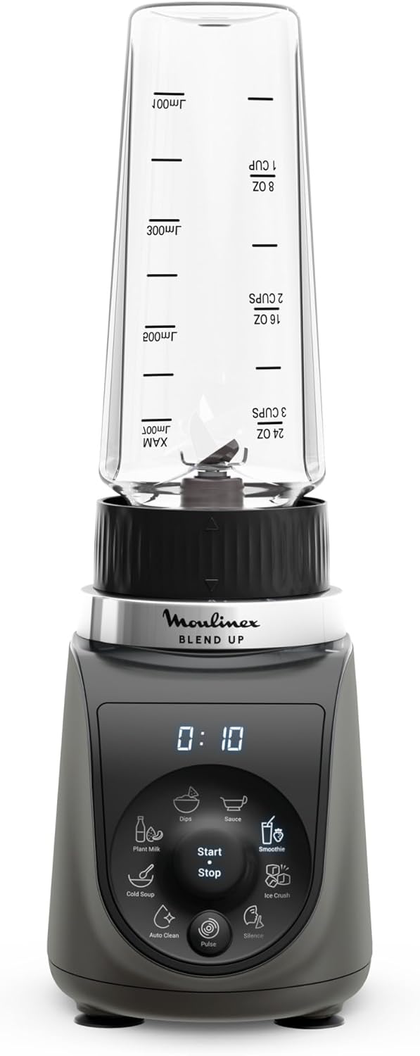 Moulinex Blend Up, Mini blender puissant, 1 000 W, 8 programmes automatiques, Glace pilée LM19H4F0, Gris Etain