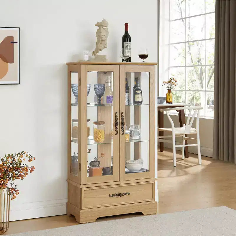 Vitrine en verre éclairée avec étagères réglables - Vitrine élégante à 2 portes et tiroir intégré, ampoule incluse