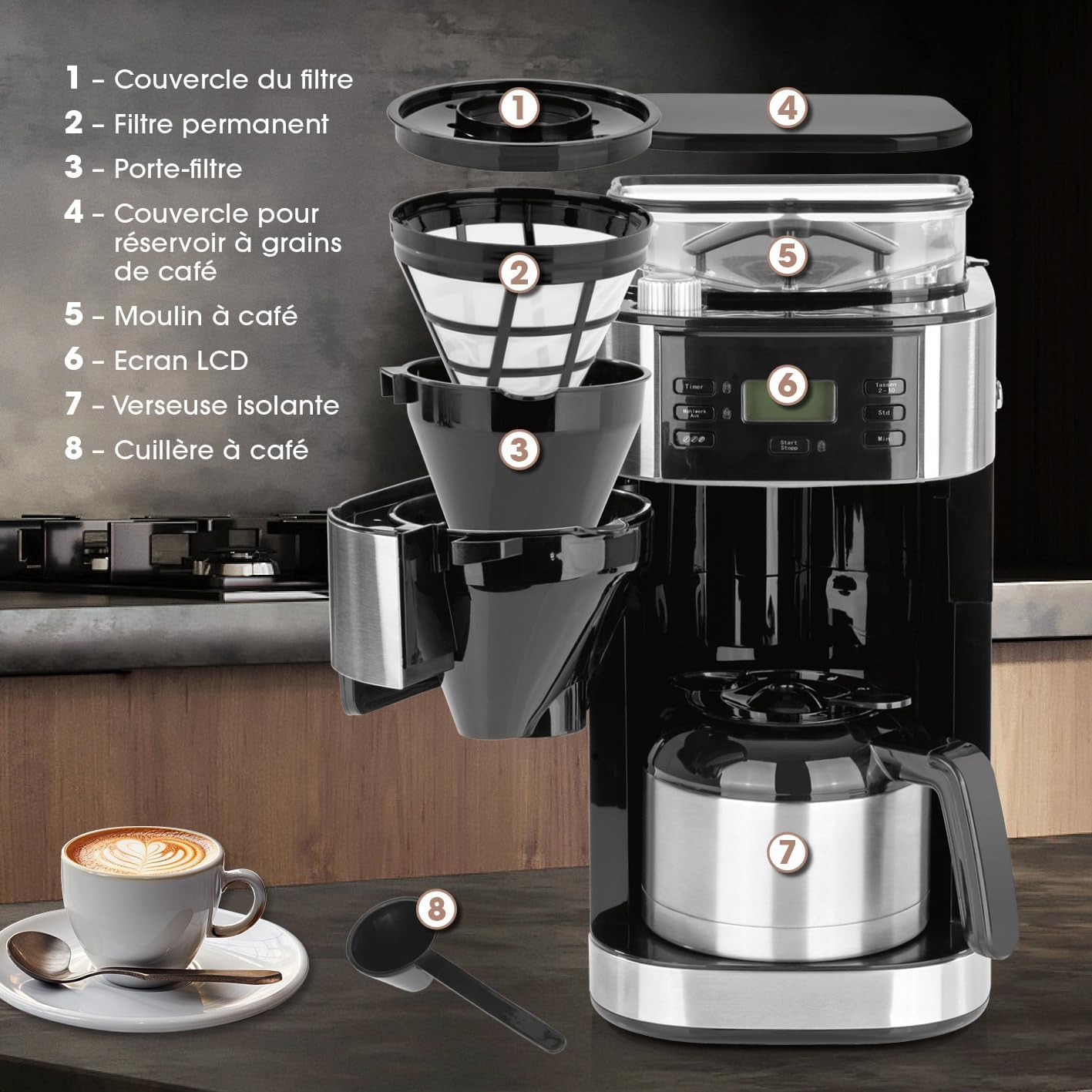 Barista Cafetière Filtre avec verseuse Isotherme 1L pur 12 tasses de café, Machine a cafe grain avec broyeur et écran digital, Fonction de minuterie