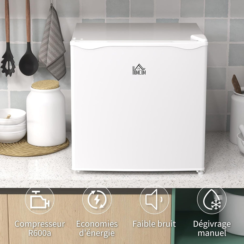 HOMCOM Mini congélateur Température Réglable de -14 à -24°C Compact 35L - étagère Amovible - Porte réversible Classe E - 47 x 44,2 x 48,8 cm - Blanc