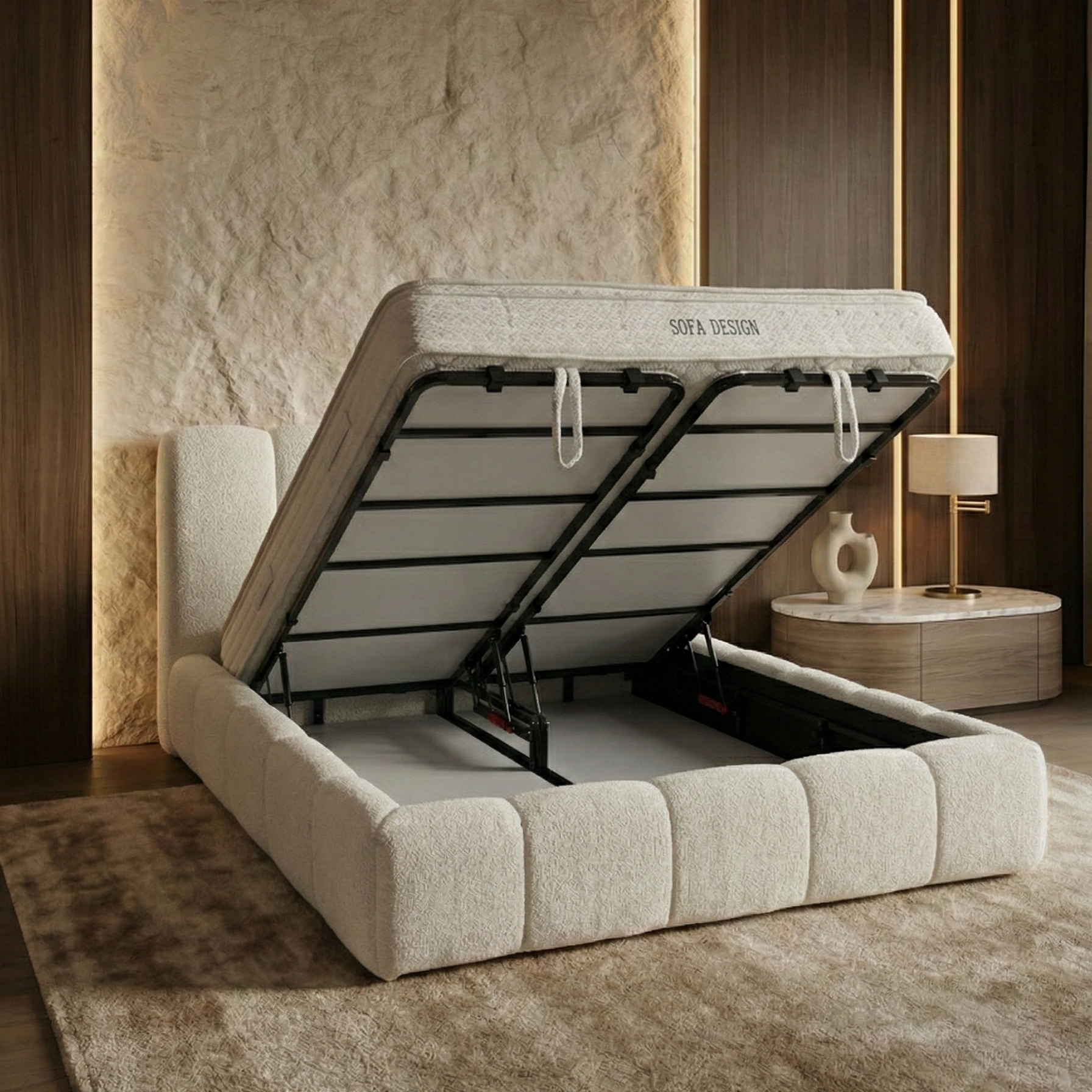 Lit Coffre Style Bubble Texturé avec Matelas et Surmatelas