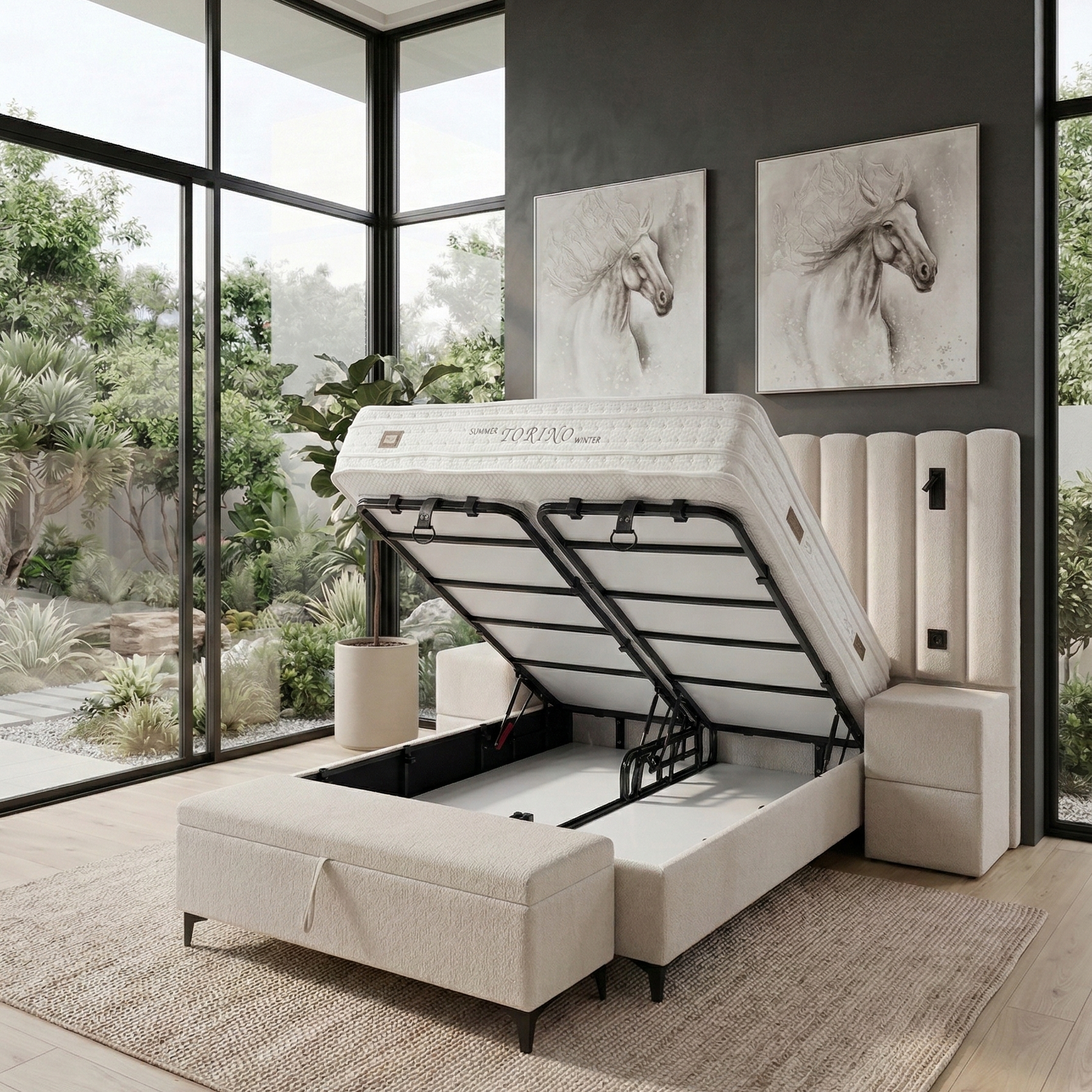 Ensemble Lit Coffre Complet avec Matelas et Surmatelas
