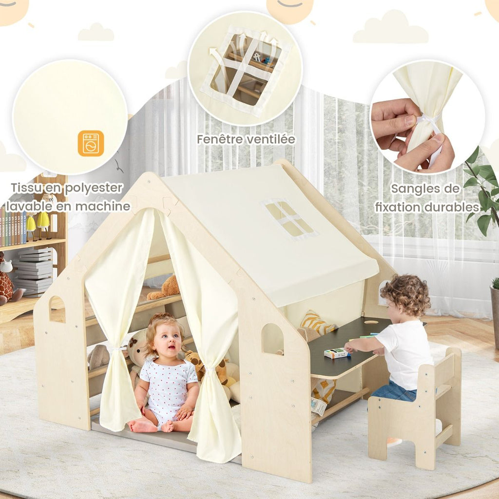 Tente de Jeu d'Intérieur en Bois pour Enfants 6 en 1 Tableau Noir Table Chaise 6 Bacs de Rangement Coussin de Sol Maison de Jeu pour 2-6 ans Beige