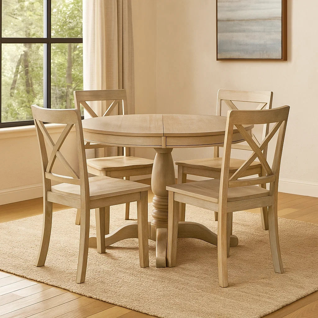 Ensemble de 5 pièces : table ronde en bois beige avec 4 chaises assorties