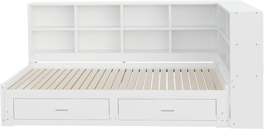 Lit Gigogne 90x190 cm + 180x190 cm - Lit en Bois avec Rangement et Prise Intégrée, Structure Pin et MDF, Matelas Non Inclus - Blanc