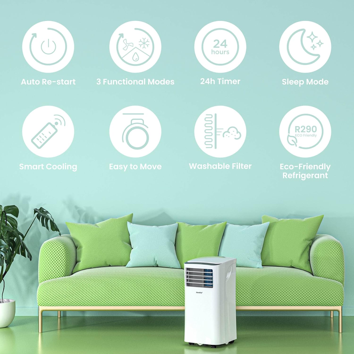 Climatiseur Mobile 9000 BTU/h 2,6kW, 3-EN-1 Refroidisseur Déshumidificateur Ventilateur, Fonction Follow me, Minuterie, Mode nuit, Pour salon et maison de 33㎡/88m³, MPPH-09CRN7, R290
