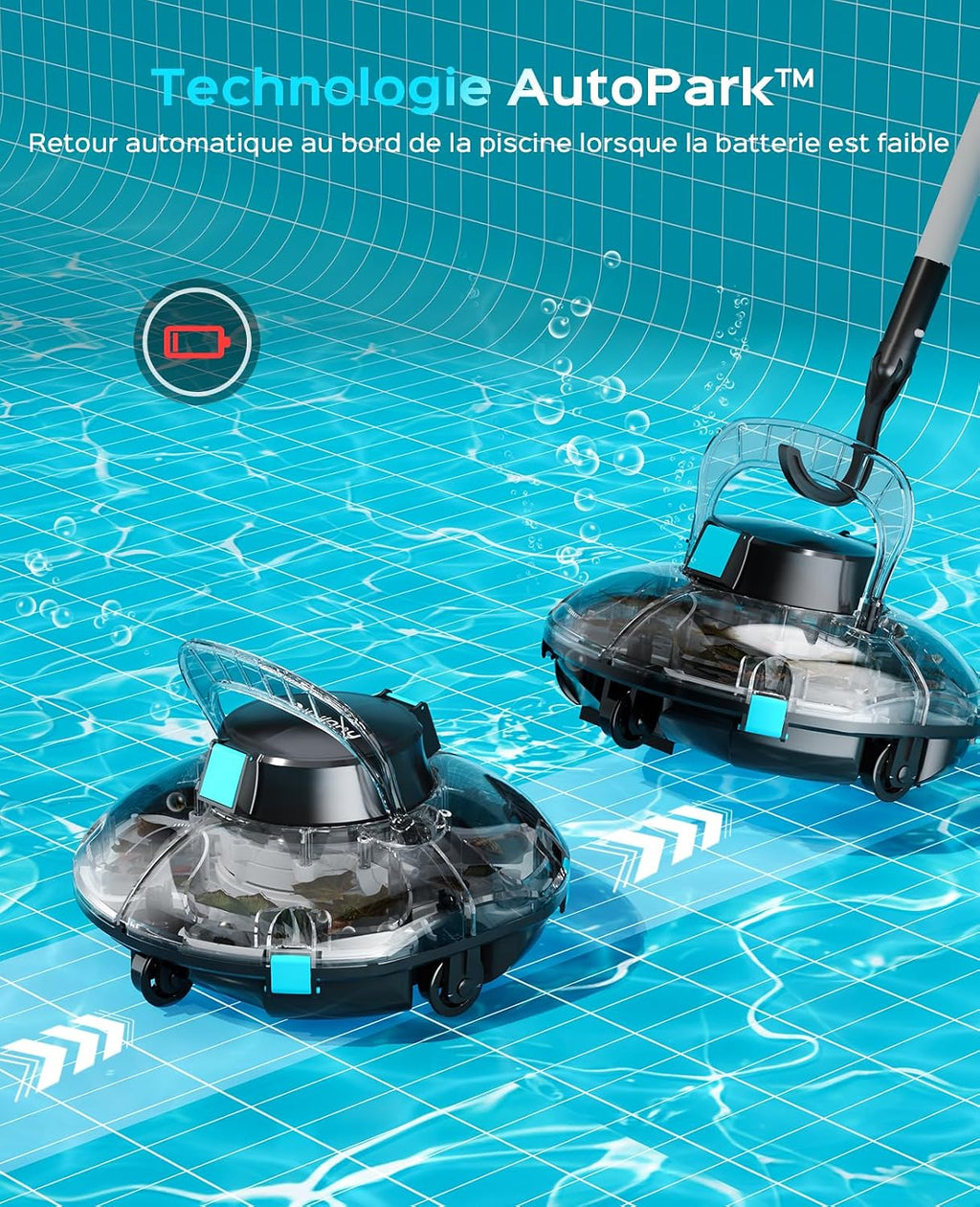 WINNY POOL CLEANER Winny 200P Robot Piscine, Aspirateur Piscine sans Fil avec Batterie, Autonomie 80 Min pour Piscines Hors-Sol 60m², Double Filtration,Stationnement Automatique(Noir-Bleu)