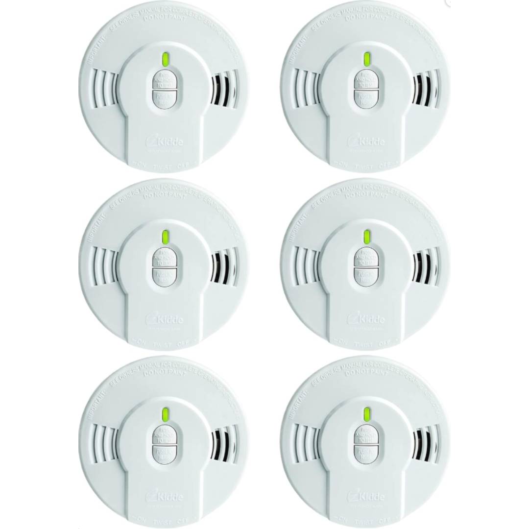 Detector de Humo Kidde, Batería de 10 Años, Indicadores LED, Alerta de Reemplazo, Botón de Prueba y Reinicio, 6 Paquetes, Blanco