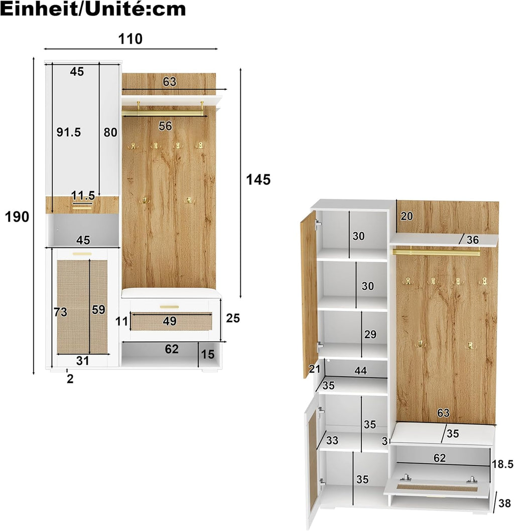 Meuble armoire pratique avec miroir pleine longueur,rangement chaussures avec assise basse,crochets suspendus en métal doré,étagères latérales ouvertes,vertical pour entrée claire Bois+Blanc