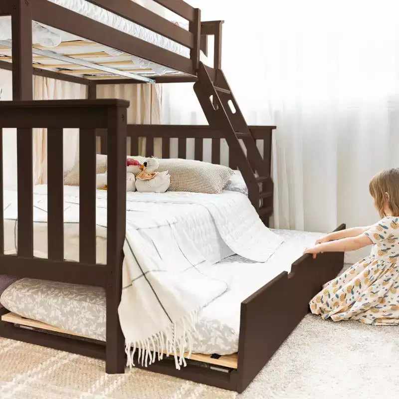 Max & Lily Solid Wood Bunk Bed, Twin over Full with Storage Trundle and Ladder for Kids