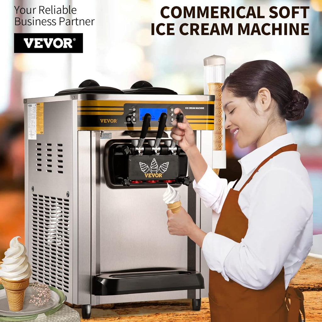 VEVOR Machine à Crème Glacée Molle 22-30L/h 2350W Machine à Glace Italienne Trémie 6L Sorbetière Glace à l’Italienne Pré-Réfrigération Décongélation en Un Clic 3 Saveurs Sundae Yaourt Café Snack-Bar