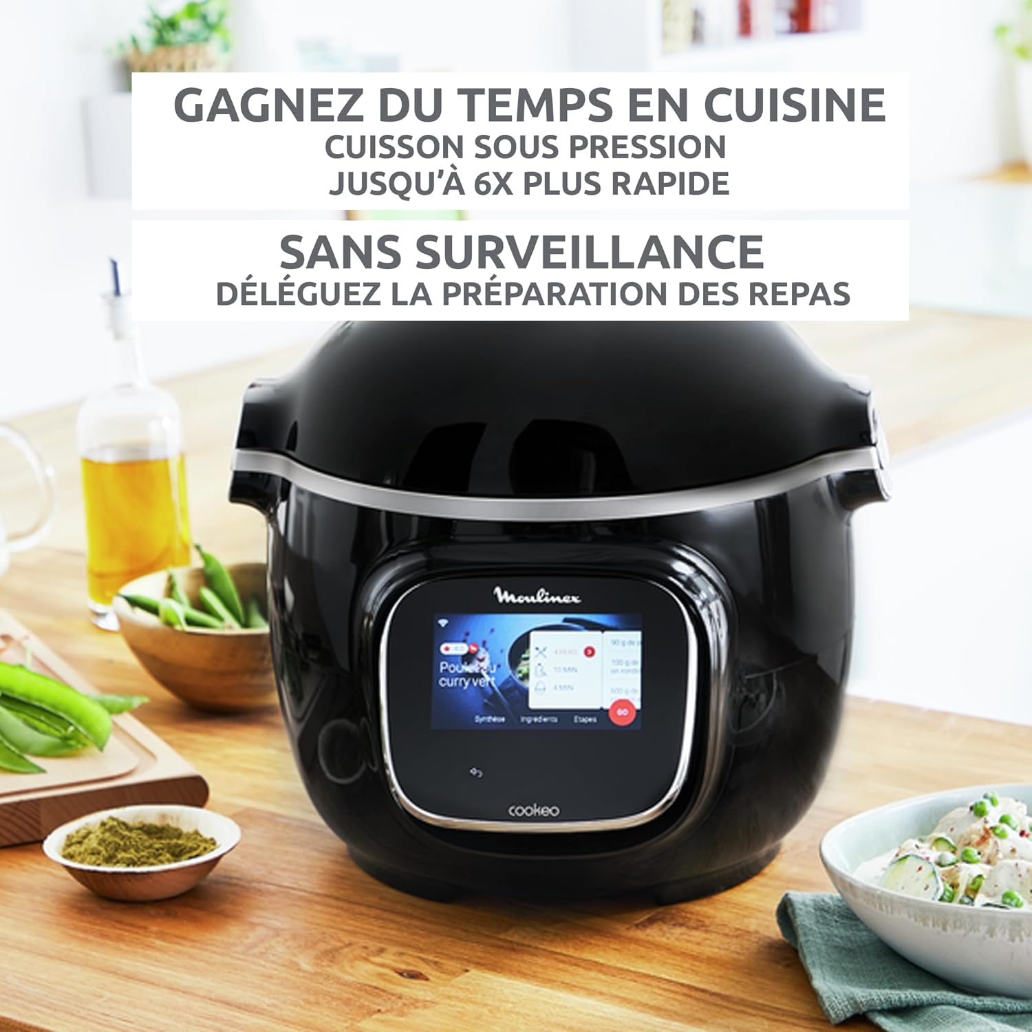 Cookeo Touch Wifi Multicuiseur intelligent, Cuve 6 L, Haute pression, Guide pas à pas, 250 recettes intégrées, Application CE902800, Noir
