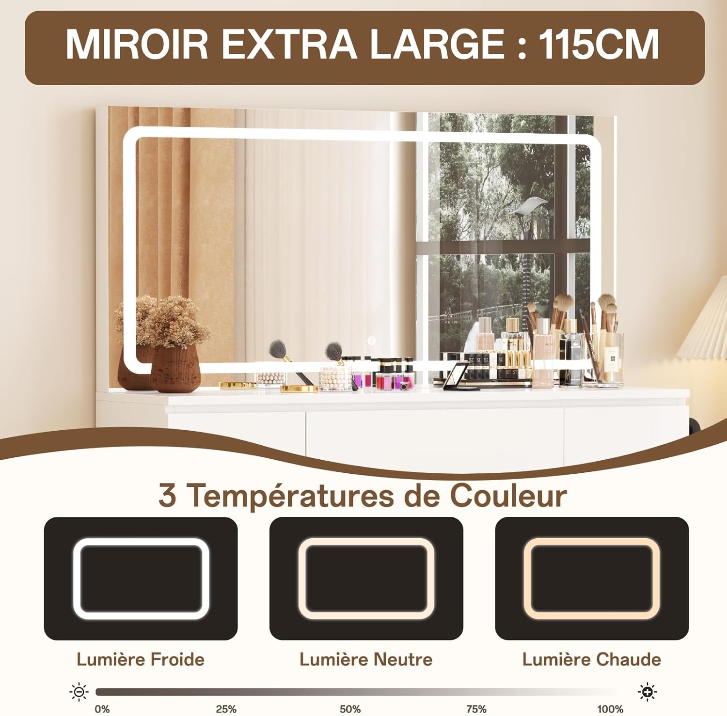 TRIUMPHKEY Coiffeuse avec Miroir et Tabouret Table de Maquillage avec Miroir LED Grand Format à Luminosité Réglable, 7 Tiroirs et Prise de Courant, Meuble de Maison, Blanc