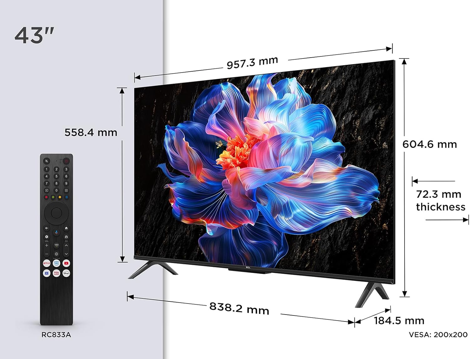 TCL 43V6C TV 43" 4K UHD Smart LED TV, 4K HDR, Google TV avec design sans bords (Dolby Audio, Motion Clarity, compatible avec Google Assistant et Alexa)