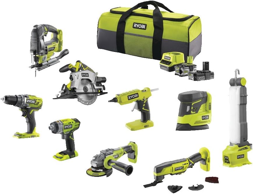 Pack 9 Outils 18V ONE+ : Perceuse, Visseuse à chocs, Meuleuse, Multi-Tools, Pistolet à Colle, Scie Circulaire, Scie Sauteuse, Lampe, Ponceuse + 2 Batteries et Chargeur - R18CK9B-252SLZ