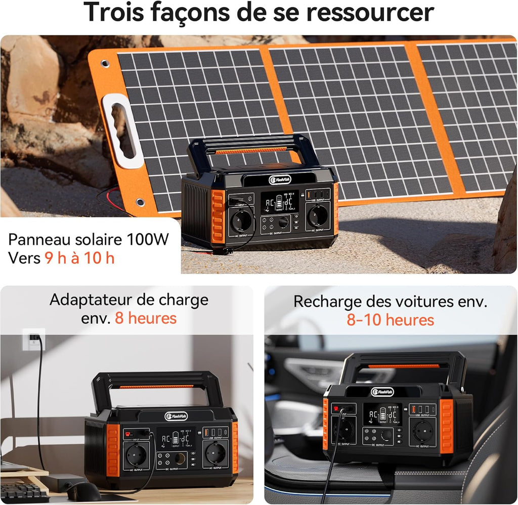 FlashFish 520Wh Generateur Electrique avec Panneau Solaire 100W,Station Electrique Portable avec 2x CA 560W(crête 1100W),5x Sorties CC et 4x USB,Batterie de Secours pour Camping,Extérieur,Domestique