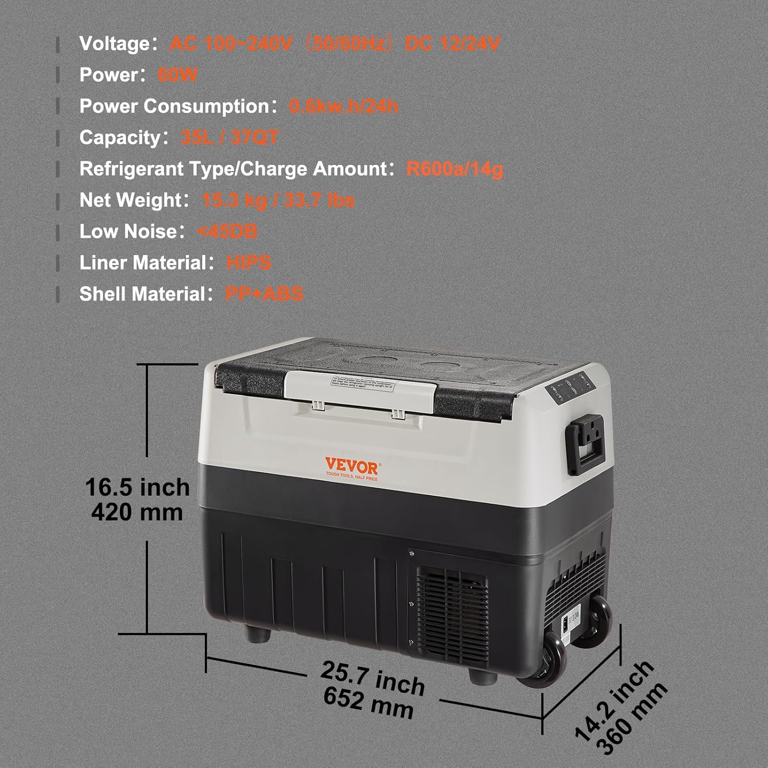 VEVOR Glacière Électrique Portable de 35 L Réfrigérateur de Voiture Portable 12/24 V CC 100-240 V CA Frigo Voiture Double Zone 0,6 kW.h -20 °C à 10 °C Réglable Congélateur pour Camion Bateau Camping