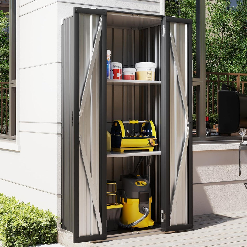 YODOLLA Abri de Jardin Métal, Armoire de Rangement Extérieure à 3 Niveaux, Étagères Réglables & Portes Verrouillables pour Jardin, Garage, Stockage d'Outils, 76 x 55 x 178 CM, Gris foncé