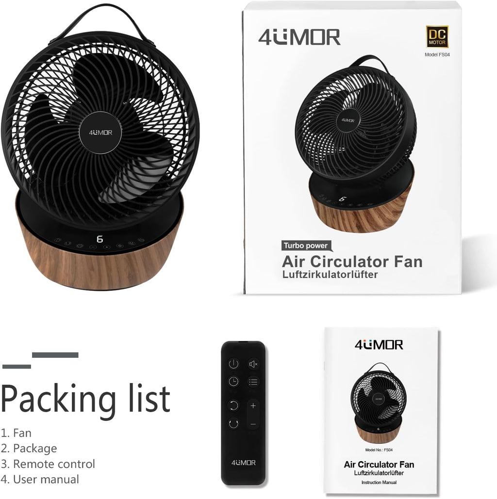 4UMOR Ventilateur Ultra Silencieux 20dB avec Télécommande 1823m³/h Moteur DC 12 Vitesses 8h Minuterie 3D Oscillation Turbo Ventilateur de Table Circulateur d'Air pour Bureau Chambre, Noir