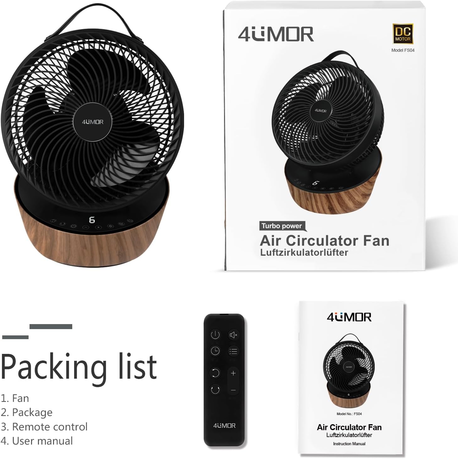 4UMOR Ventilateur Ultra Silencieux 20dB avec Télécommande 1823m³/h Moteur DC 12 Vitesses 8h Minuterie 3D Oscillation Turbo Ventilateur de Table Circulateur d'Air pour Bureau Chambre, Noir