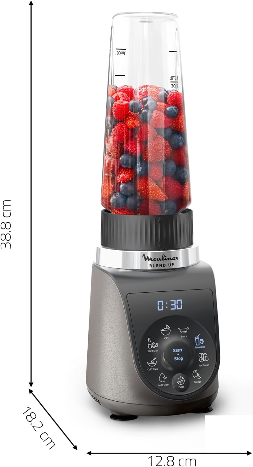 Moulinex Blend Up, Mini blender puissant, 1 000 W, 8 programmes automatiques, Glace pilée LM19H4F0, Gris Etain