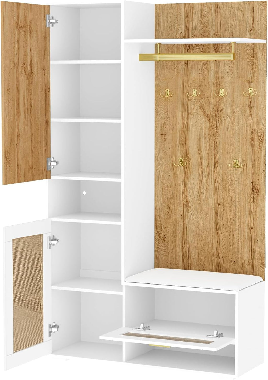 Meuble armoire pratique avec miroir pleine longueur,rangement chaussures avec assise basse,crochets suspendus en métal doré,étagères latérales ouvertes,vertical pour entrée claire Bois+Blanc