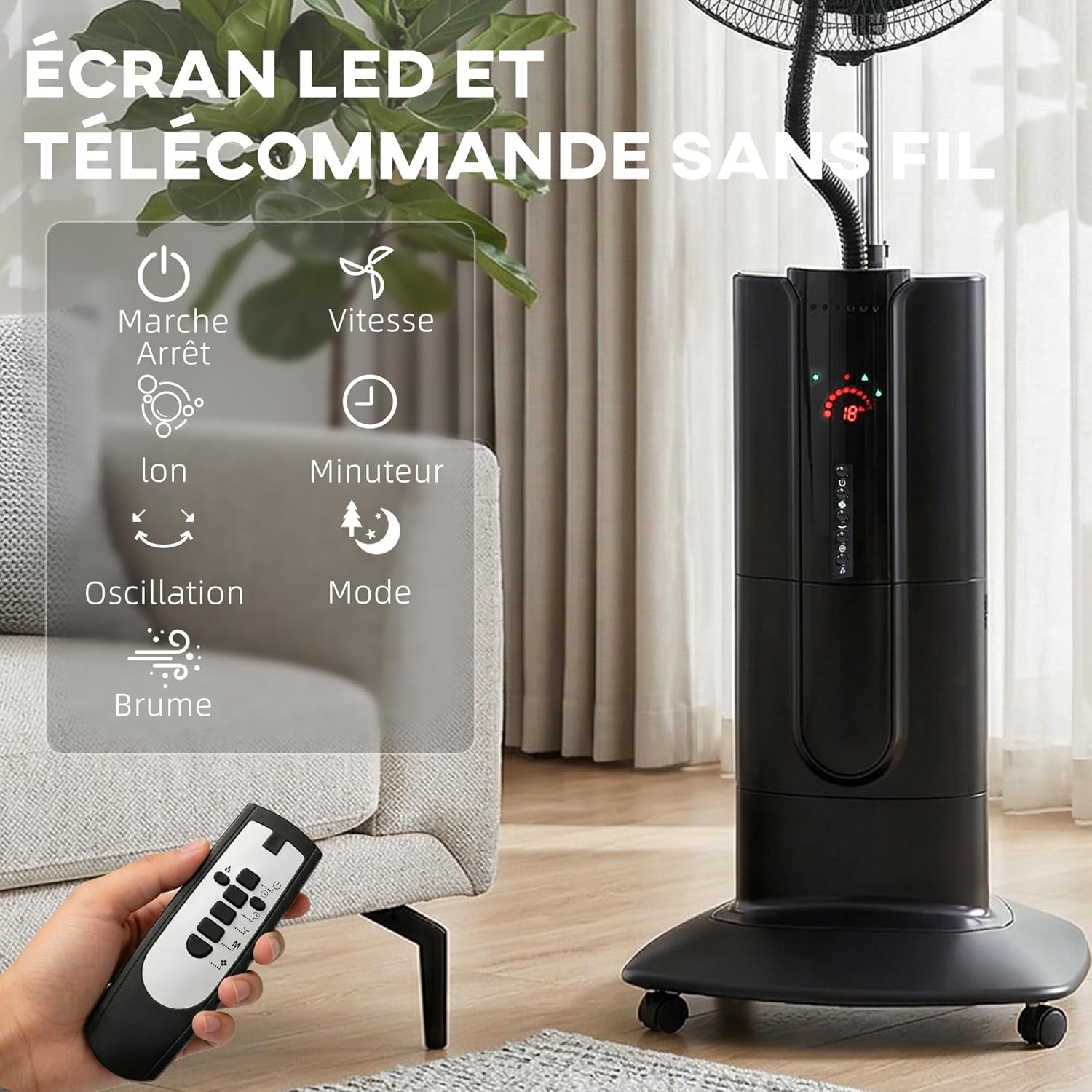HOMCOM Ventilateur brumisateur 100 W à ionisation négative, ventilateur sur pied 130 cm, oscillation à 120°, 3 vitesses, 3 modes, réservoir d'eau 1,5 L, télécommande, minuterie 9h, roulettes, noir
