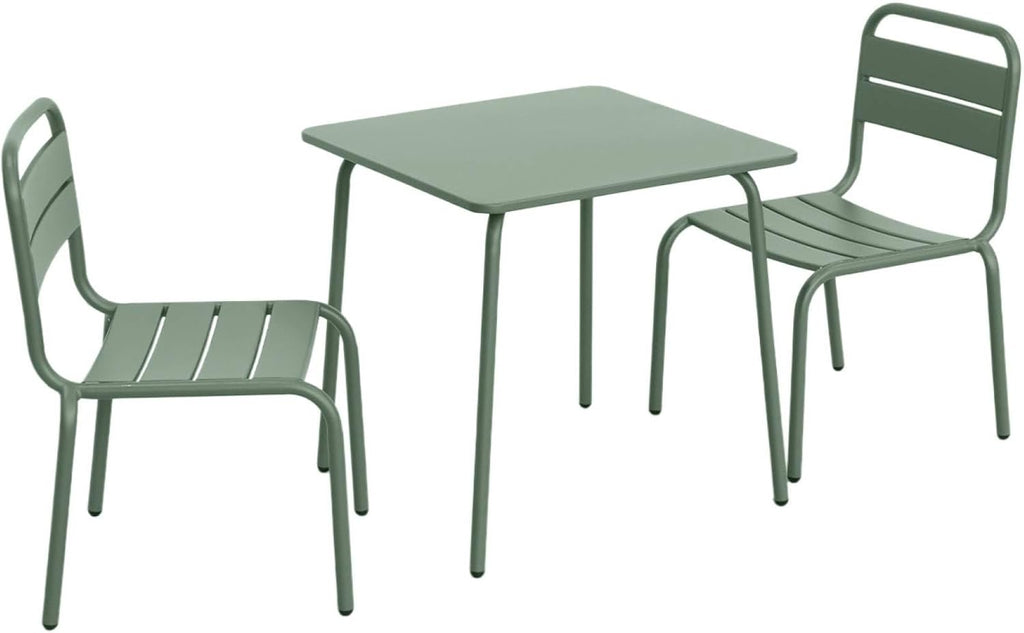 sweeek - Table de Jardin Enfant métal + 2 assises Vert de Gris Anna. 48x48cm