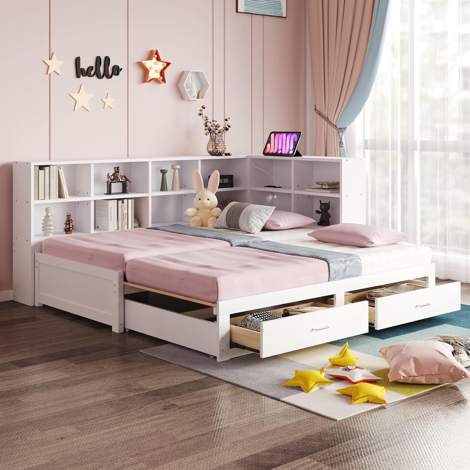 Lit Gigogne 90x190 cm + 180x190 cm - Lit en Bois avec Rangement et Prise Intégrée, Structure Pin et MDF, Matelas Non Inclus - Blanc