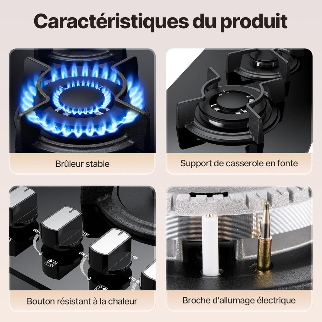 Plaque de Cuisson Gaz 4 Feuxs, Plaque Gaz 4 Feuxs Encastrable, Table de Cuisson 60cm, Grille Fonte, 7800W, Gazs Ville et Bouteille, Verre Noir