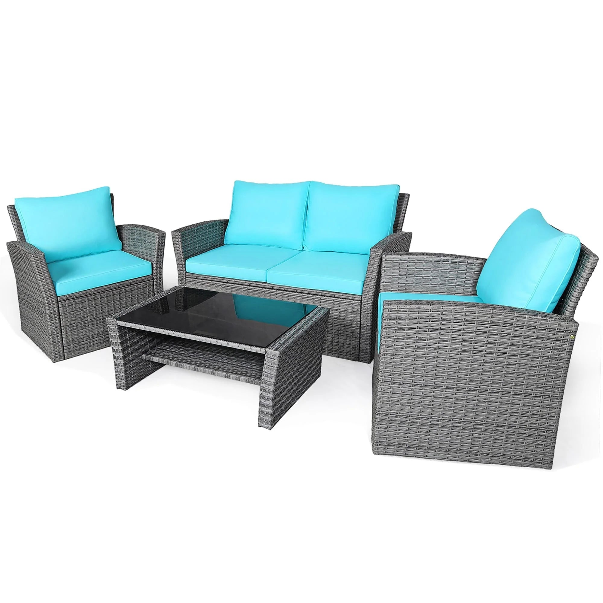 4 PCS Patio Sofa Set with Coffee Table Outdoor Conversation Couch Set(Turquoise)
