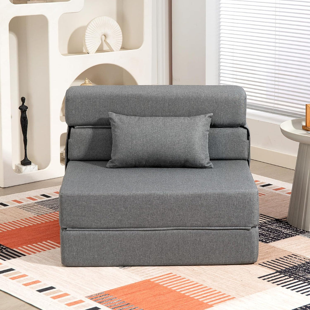 HOMCOM Fauteuil Convertible 1 Place 3 en 1, Fauteuil lit Pliant, chauffeuse 1 Place en Lin avec Large Assise, Coussin Inclus, Matelas Pliable 210 cm pour invités, Salon, Petit Espace, Gris