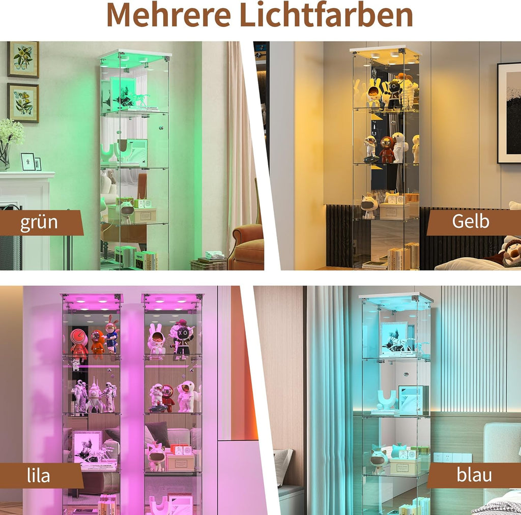 Vitrine sur pied en verre à 4 couches - 1 porte - Lampe LED et serrure avec paroi arrière miroir - Armoire de salon pour objets de collection et livres - Blanc