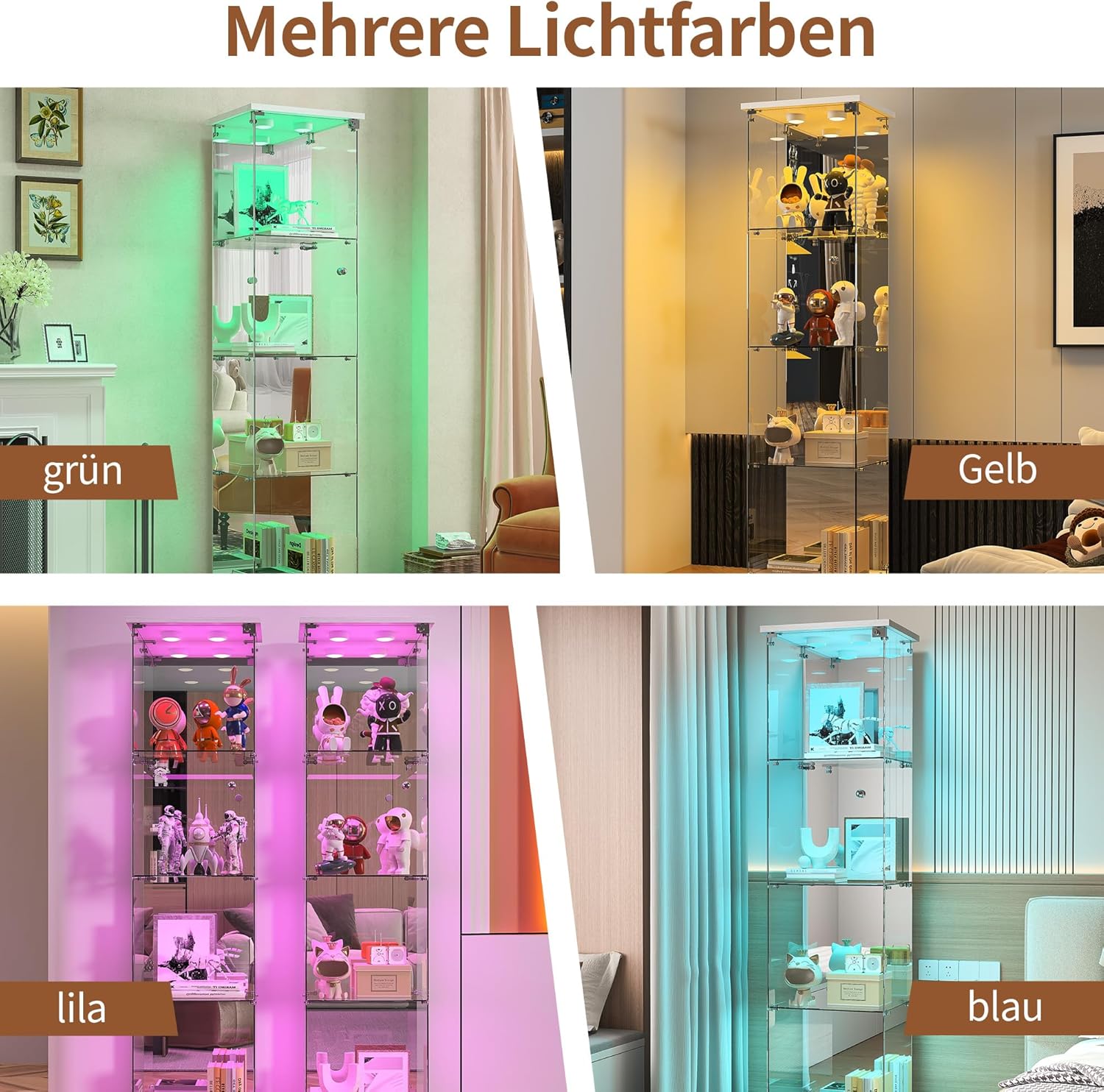 Vitrine sur pied en verre à 4 couches - 1 porte - Lampe LED et serrure avec paroi arrière miroir - Armoire de salon pour objets de collection et livres - Blanc