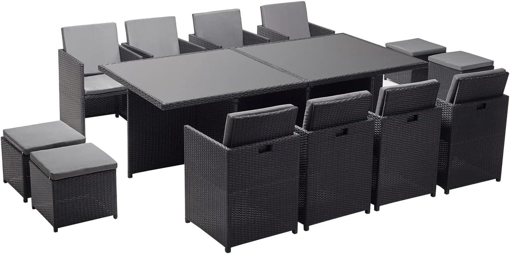 CONCEPT USINE | Salon de Jardin Encastrable 12 Places en Résiné Tréssée | Monaco Noir/Gris | Table avec Verre 5 mm + 8 Chaises + 4 Poufs | Structure Acier + Epoxy | Robuste, Confortable, Résistant