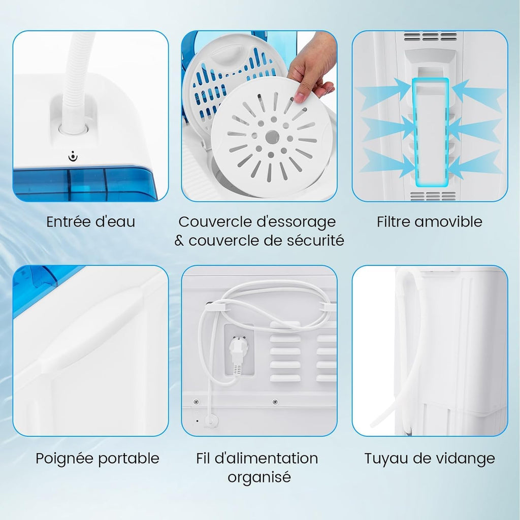 RELAX4LIFE Mini Machine à Laver à 2 Cuves Capacité 8,5 KG, Lave-Linge Semi-Automatique avec Minuteur & Essoreuse, Lave-Linge Portable Compact pour Appartement Dortoir Maison (Bleu | 8,5 KG)
