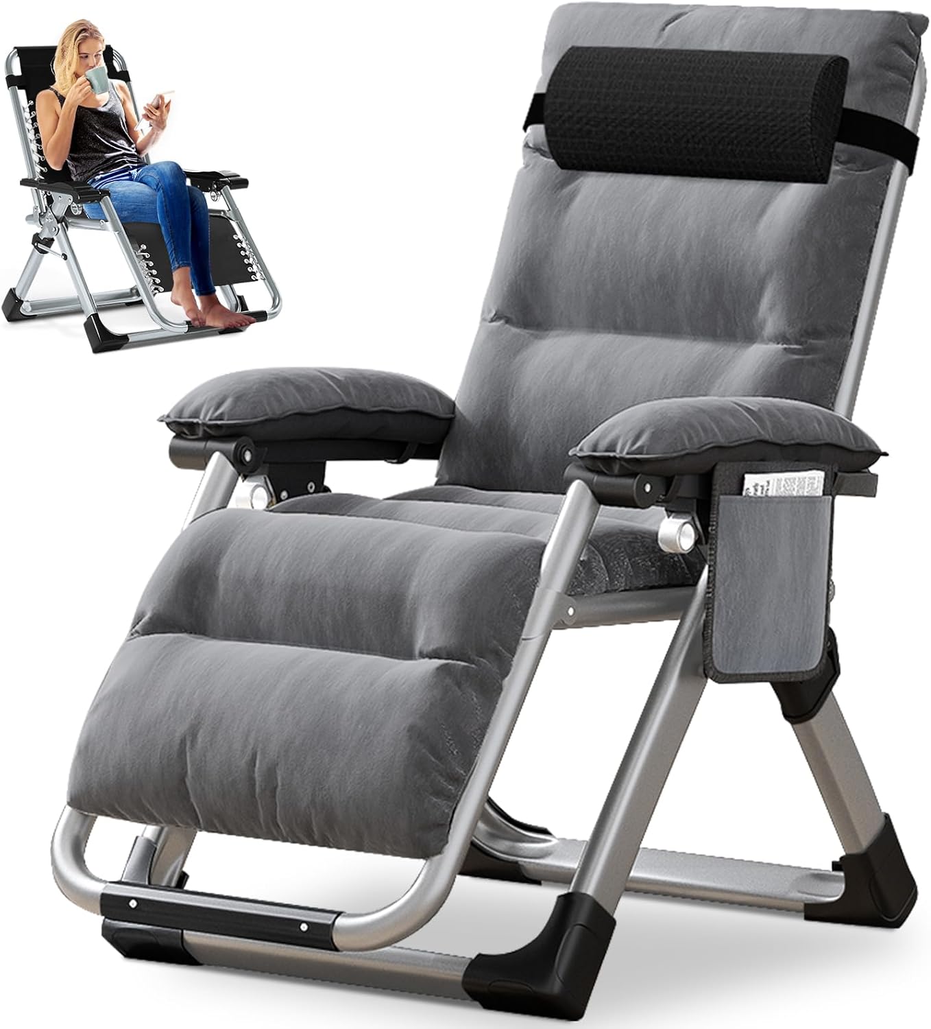 Chaise longue pliable, chaise de terrasse, capacité de charge 200 kg, chaise zéro gravité avec coussin de soutien, porte-boissons, chaise longue de jardin extra large réglable pour patio