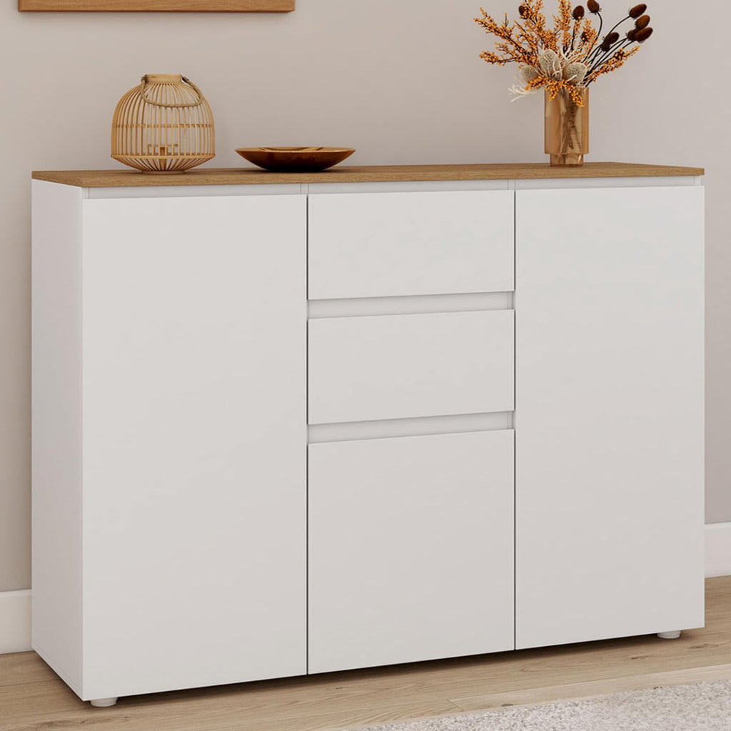 IDMarket - Buffet 100 cm Toby 3 Portes 2 tiroirs Blanc et Plateau Bois