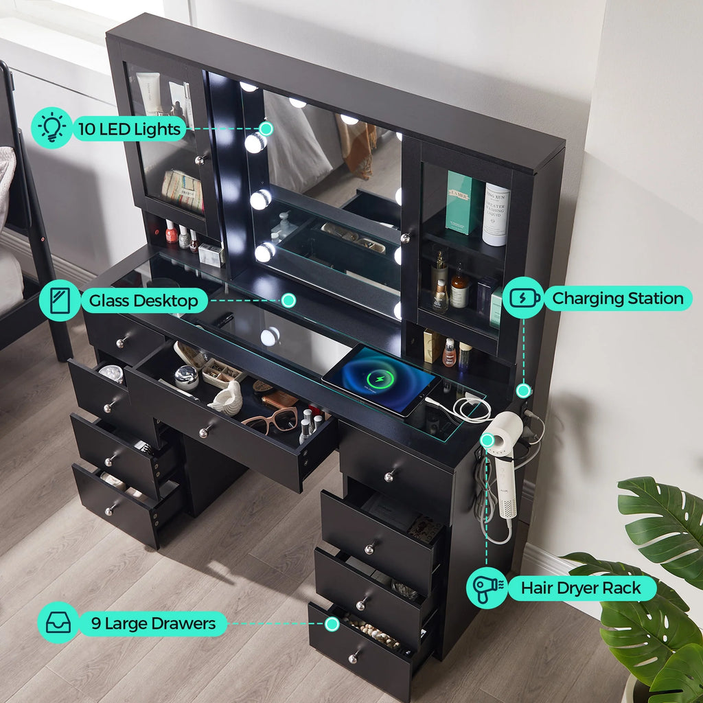 Coiffeuse verre 47 pouces miroir lumières rangement prise
