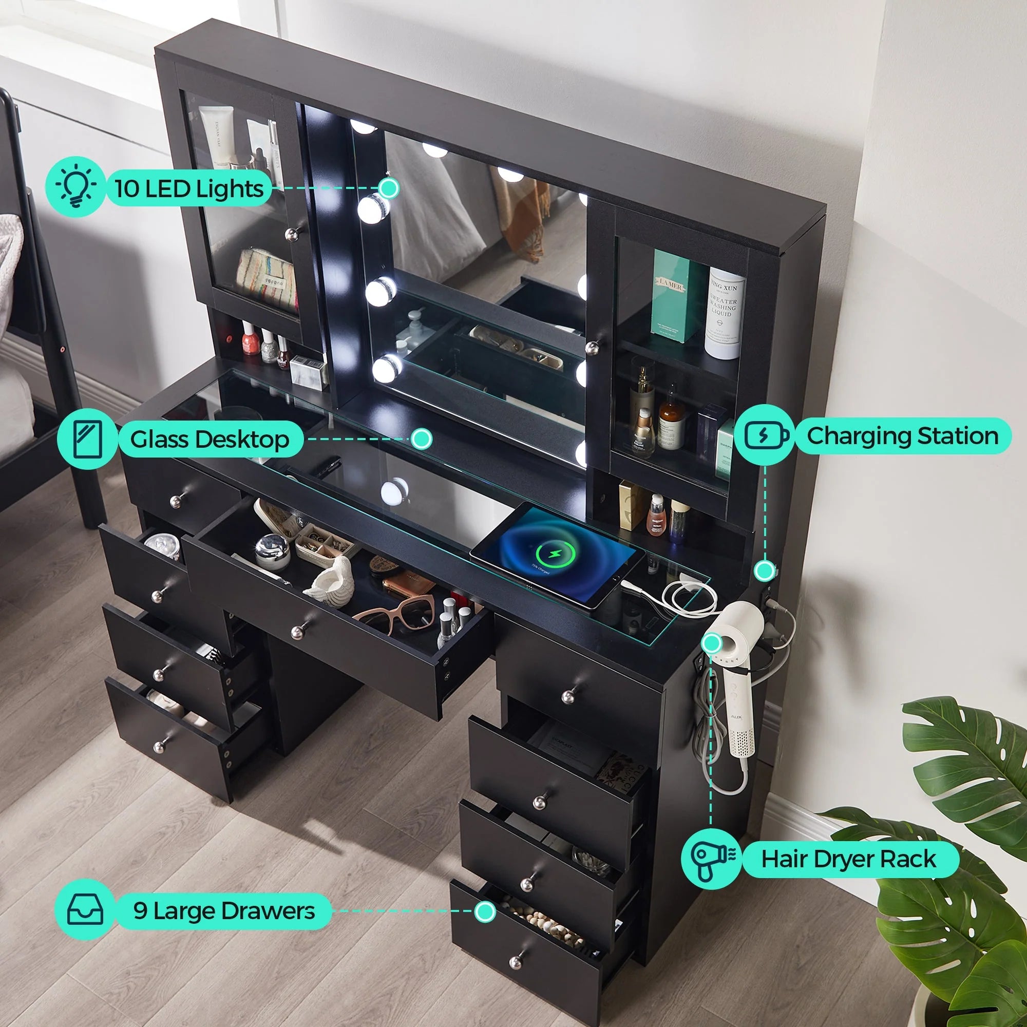 Coiffeuse verre 47 pouces miroir lumières rangement prise