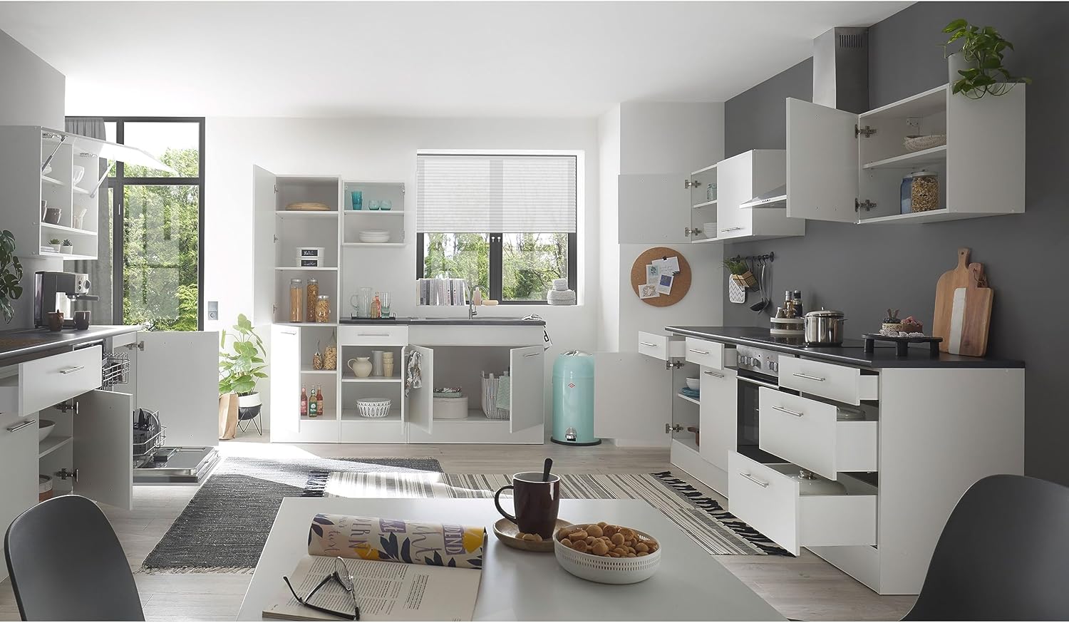 Stella Trading Eddy Moderne en Blanc Mat - Armoire de Cuisine spacieuse avec Beaucoup d'espace de Rangement, Bois d'ingénierie, Vorratsschrank