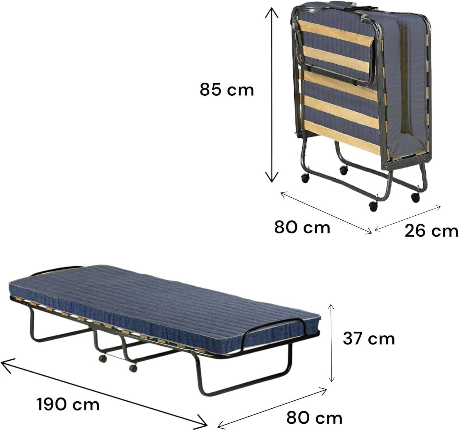 Dmora Lit pliant avec sommier à lattes et matelas, mesure 190x80x30 cm