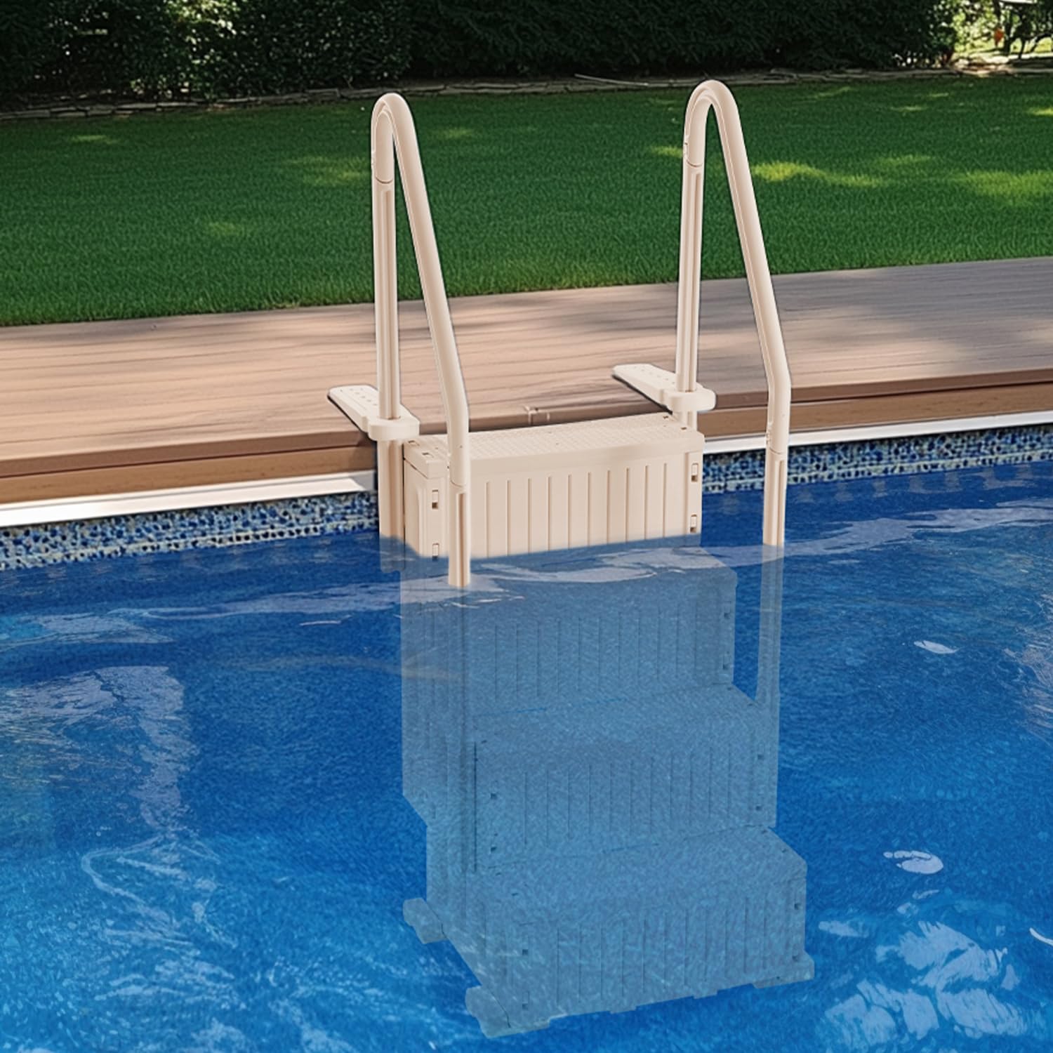 VEVOR Escalier de Piscine en Plastique avec 2 Rampes, 4 Marches Antidérapantes, Capacité de Charge 181,4 kg, pour Piscines Creusées Hors Sol 122-137 cm, Terrasse, Maison, Intérieur, Extérieur, Taupe