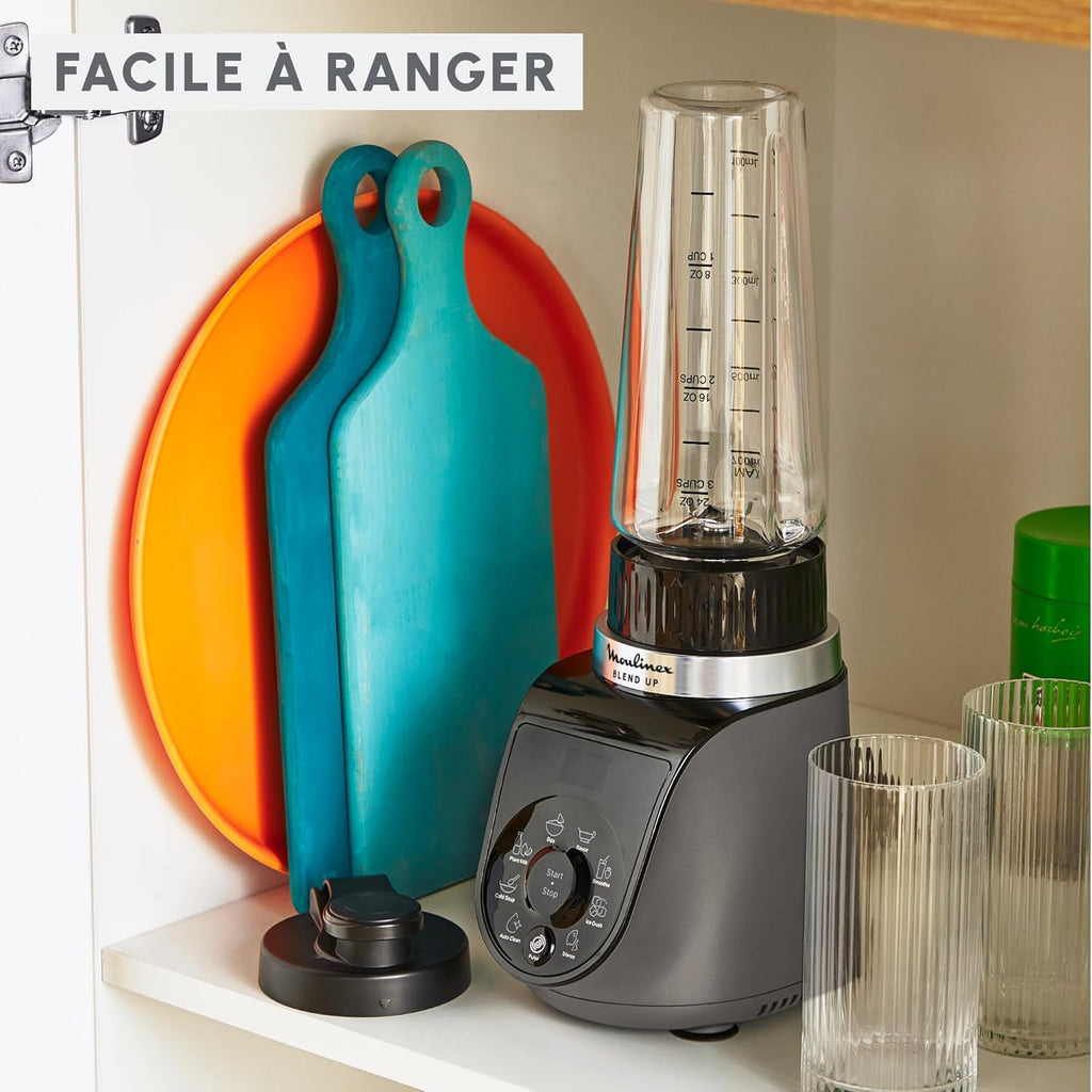 Moulinex Blend Up, Mini blender puissant, 1 000 W, 8 programmes automatiques, Glace pilée LM19H4F0, Gris Etain