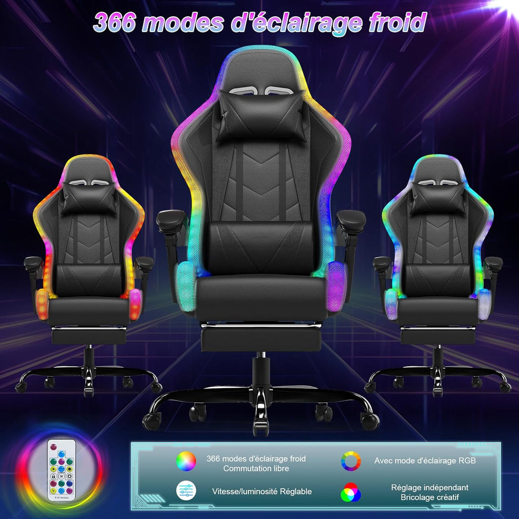 Devoko Chaise Gaming Ergonomique avec LED RGB, Massage Lombaire & Repose-Pieds – Fauteuil Gamer avec Appui-tête réglable – Dossier inclinable & Hauteur Ajustable – 180 kg – Noir