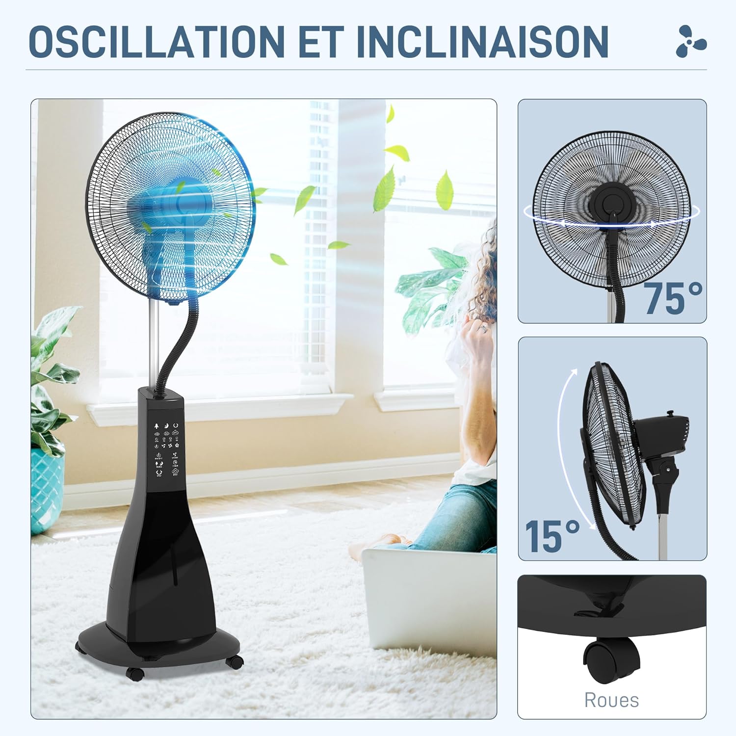 HOMCOM Ventilateur brumisateur sur roulettes ventilateur sur pied 90 W télécommande affichage LED télécommande minuterie 3 modes 3 vitesses oscillant, inclinable réservoir 3L - noir