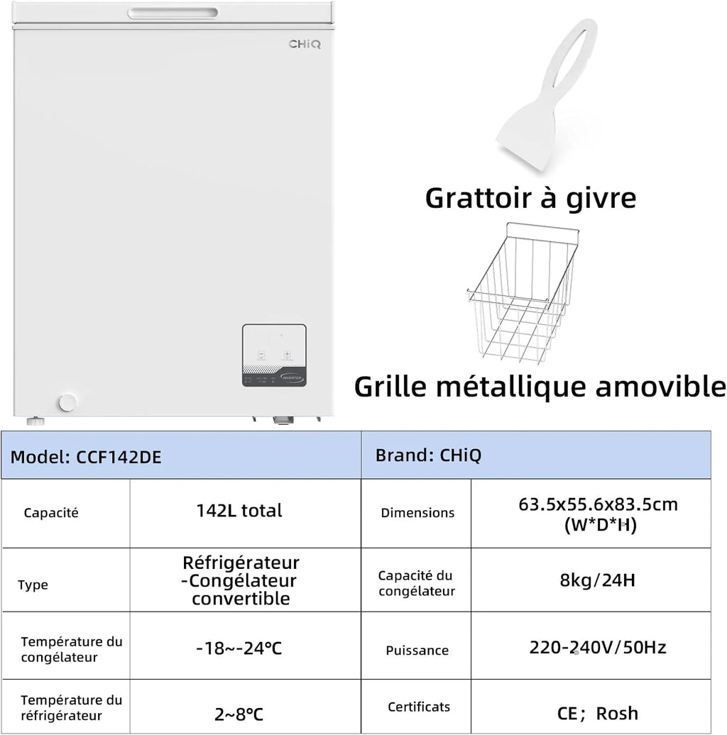 CHiQ congélateur coffre 142L, inverter, -32°C rapide, grille métal, silencieux