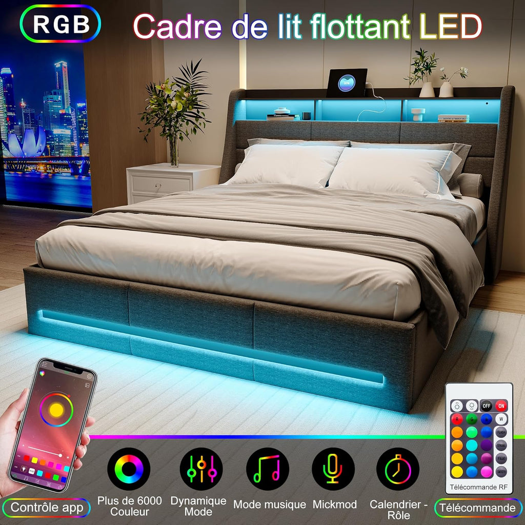 LIVLUX Lit Coffre 140x190 avec sommier LED et USB,Lit Double rembourré avec Rangement hydraulique,lit 2 Personnes pour Adultes et Adolescents,Lin Gris Clair, 140 x 190 cm